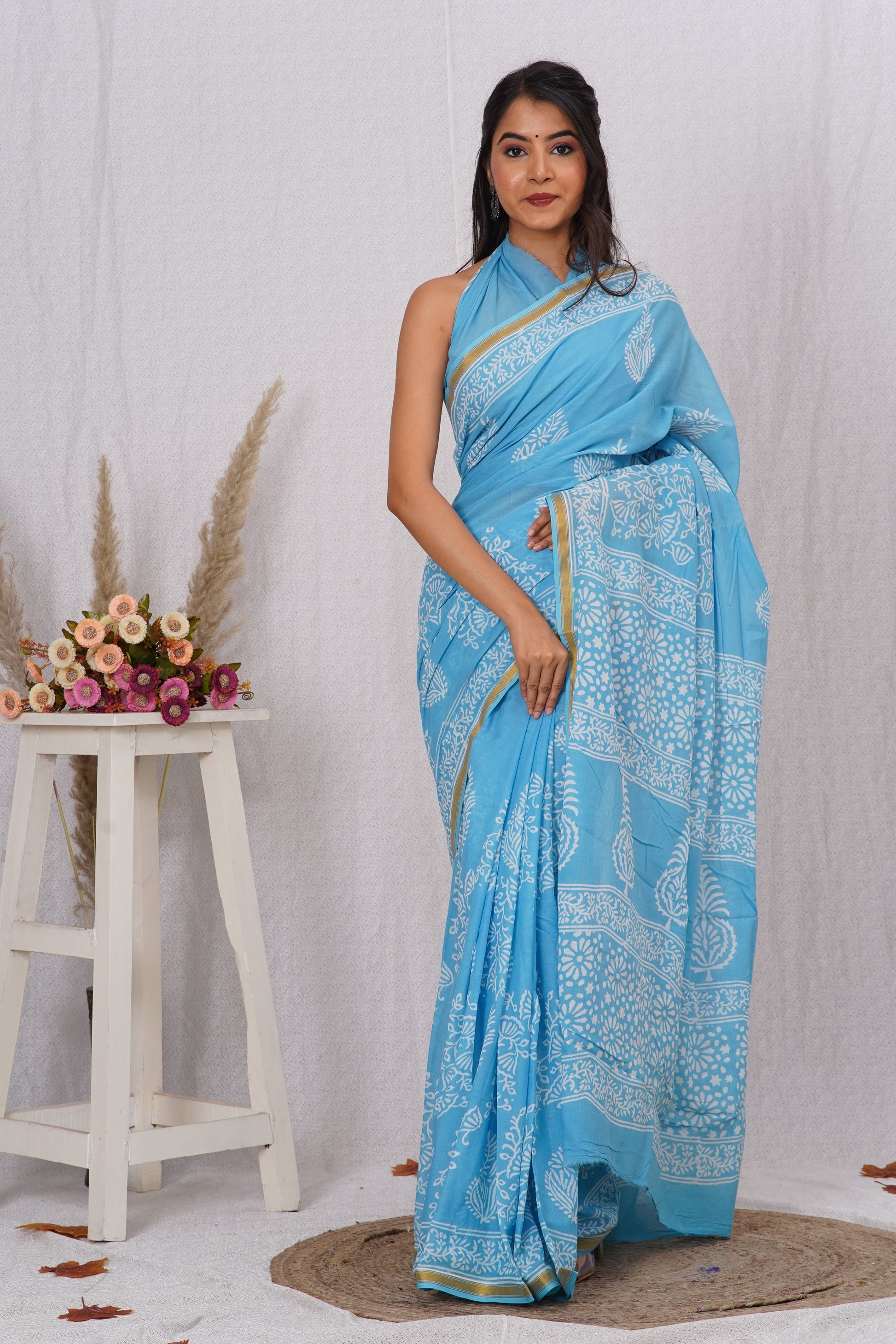Sky Blue  Pure Soft Cotton Mulmul Saree with Zari Border and Blouse Piece – Hand Block Printed with Organic Vegetable Dyes