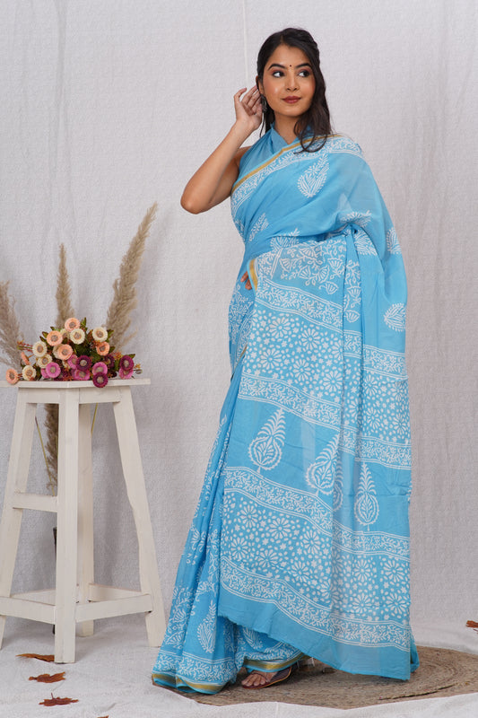 Sky Blue  Pure Soft Cotton Mulmul Saree with Zari Border and Blouse Piece – Hand Block Printed with Organic Vegetable Dyes