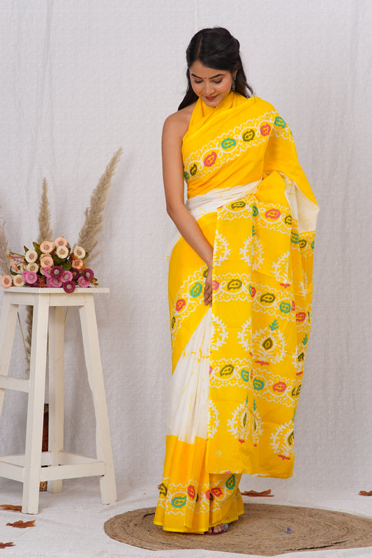Yellow Cotton Mulmul Saree With Blouse Piece