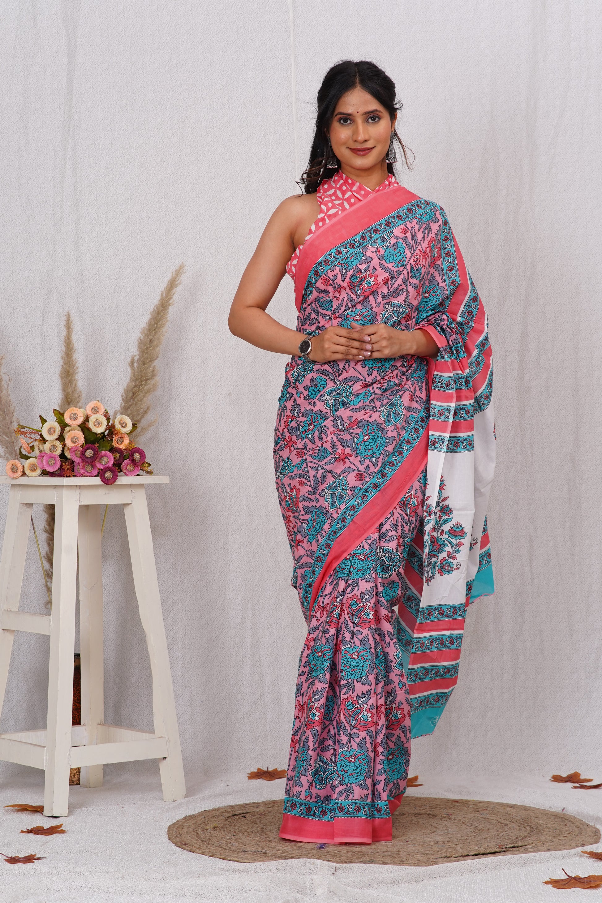 Pink and Green Cotton Mulmul Saree With Blouse Piece