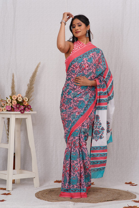Pink and Green Cotton Mulmul Saree With Blouse Piece