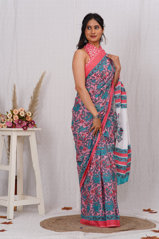 Pink and Green Cotton Mulmul Saree With Blouse Piece