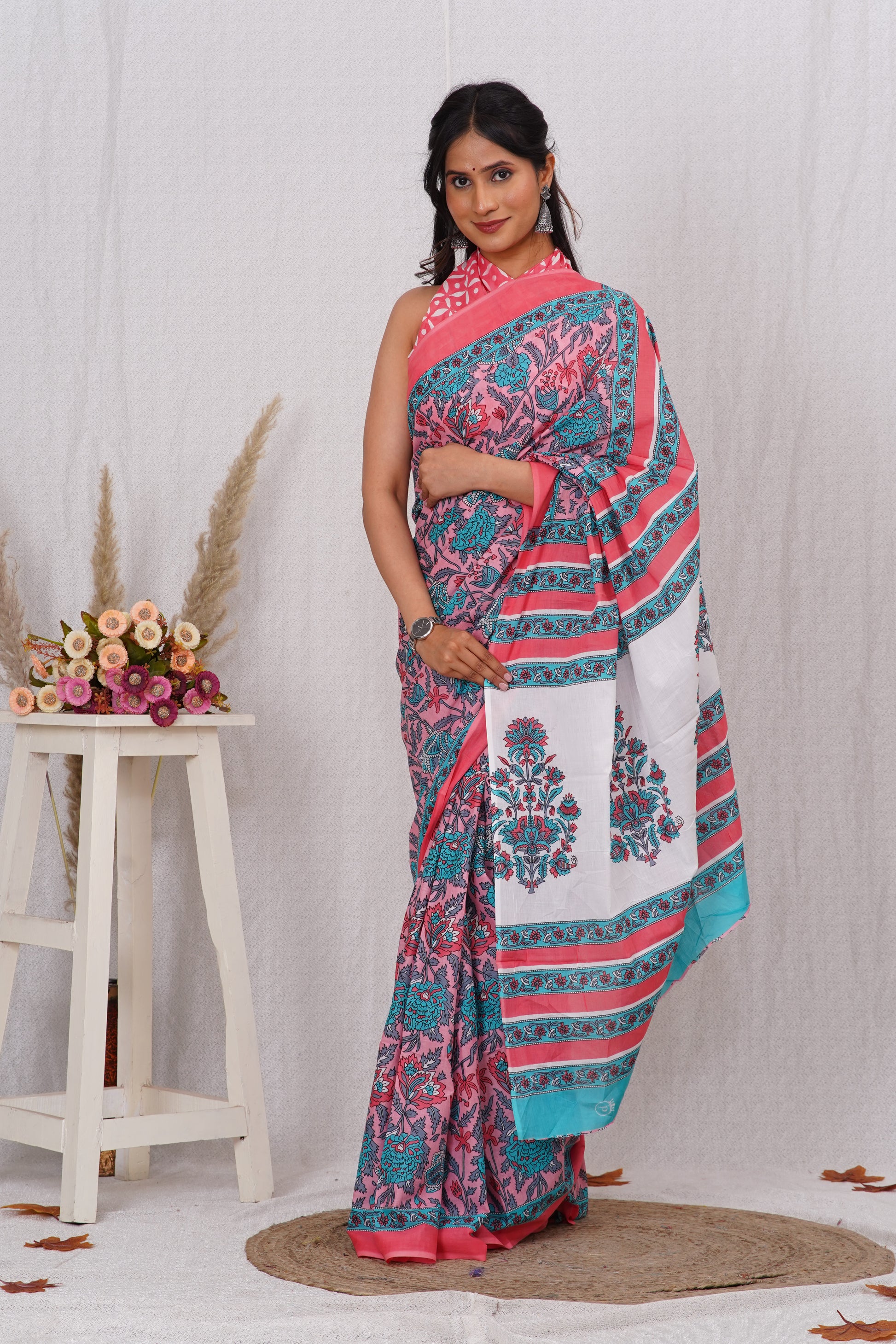 Pink and Green Cotton Mulmul Saree With Blouse Piece
