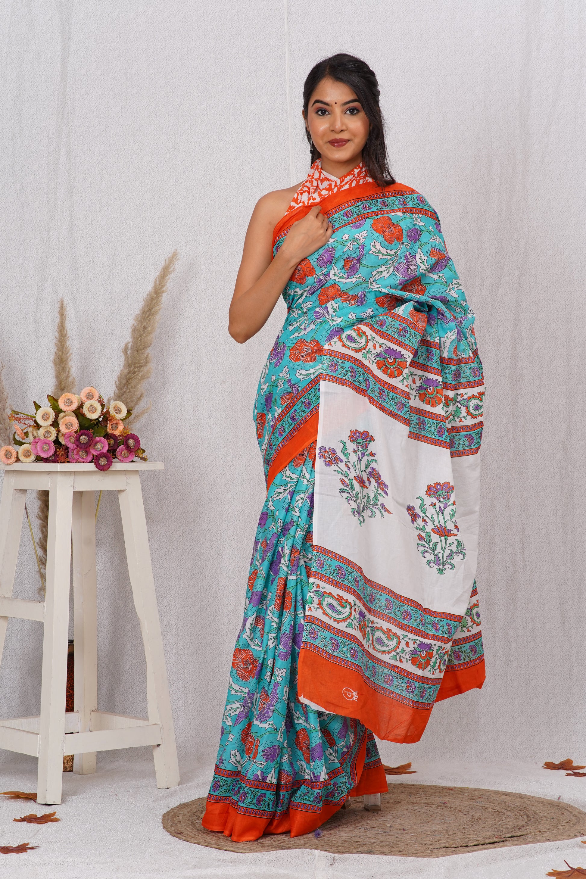 Orange and Green Cotton Mulmul Saree With Blouse Piece