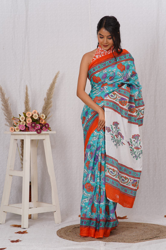 Orange and Green Cotton Mulmul Saree With Blouse Piece