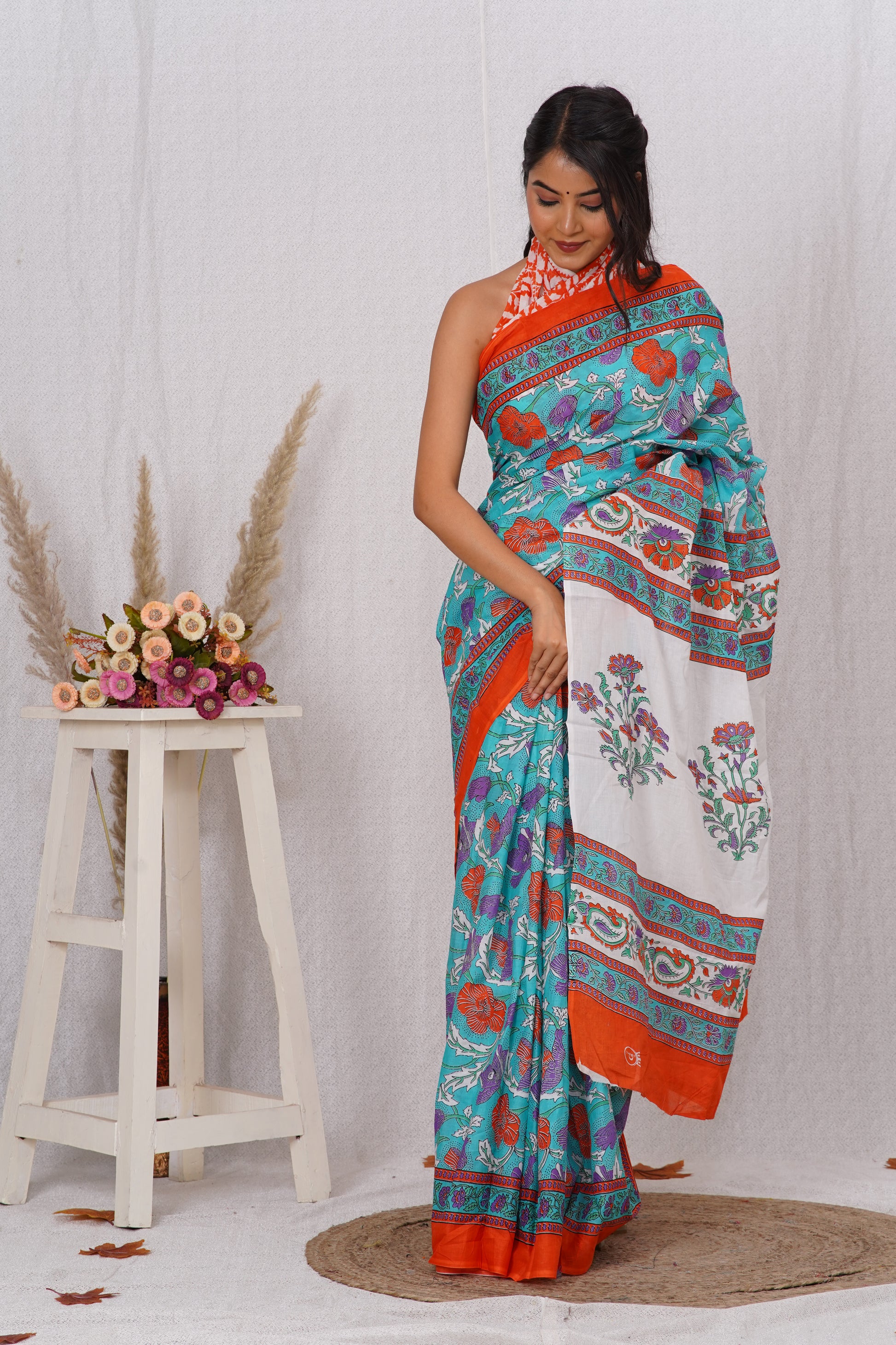 Orange and Green Cotton Mulmul Saree With Blouse Piece