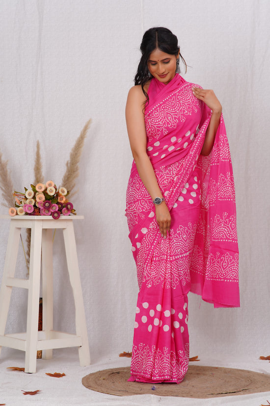 Rani Pink Cotton Mulmul Saree With Blouse Piece
