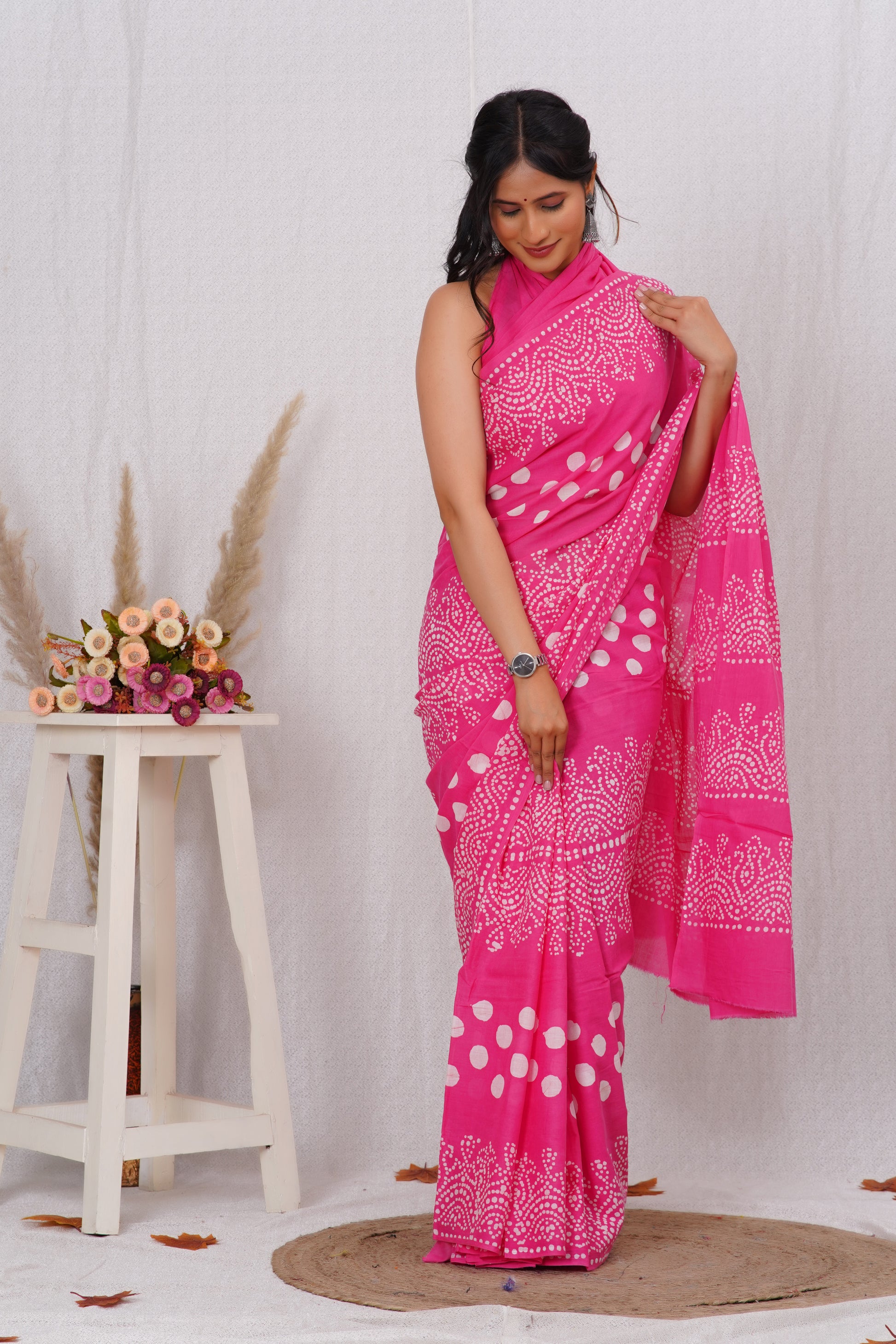 Rani Pink Cotton Mulmul Saree With Blouse Piece
