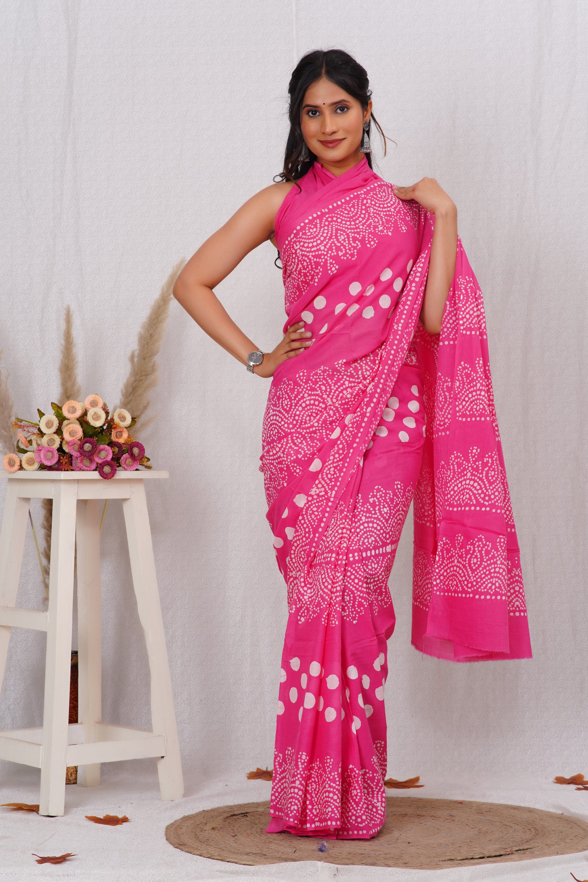 Rani Pink Cotton Mulmul Saree With Blouse Piece