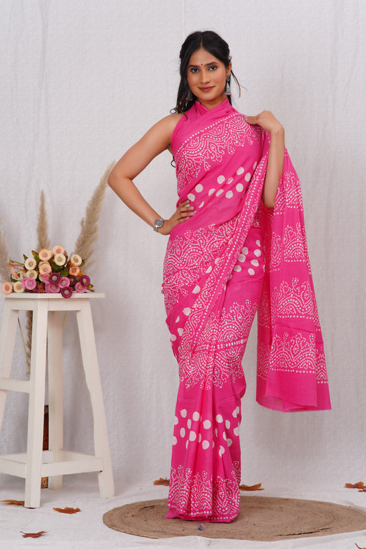 Rani Pink Cotton Mulmul Saree With Blouse Piece