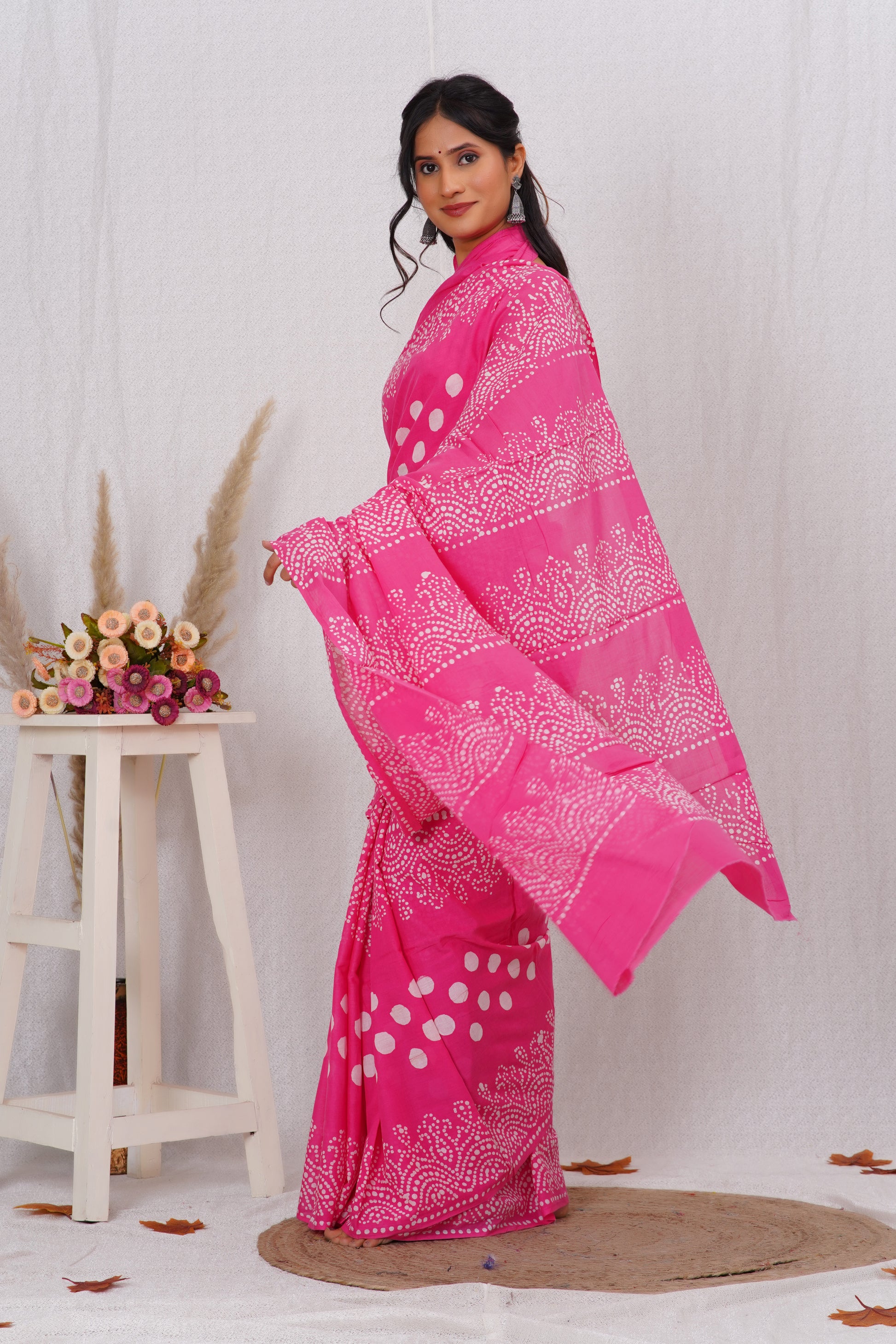 Rani Pink Cotton Mulmul Saree With Blouse Piece