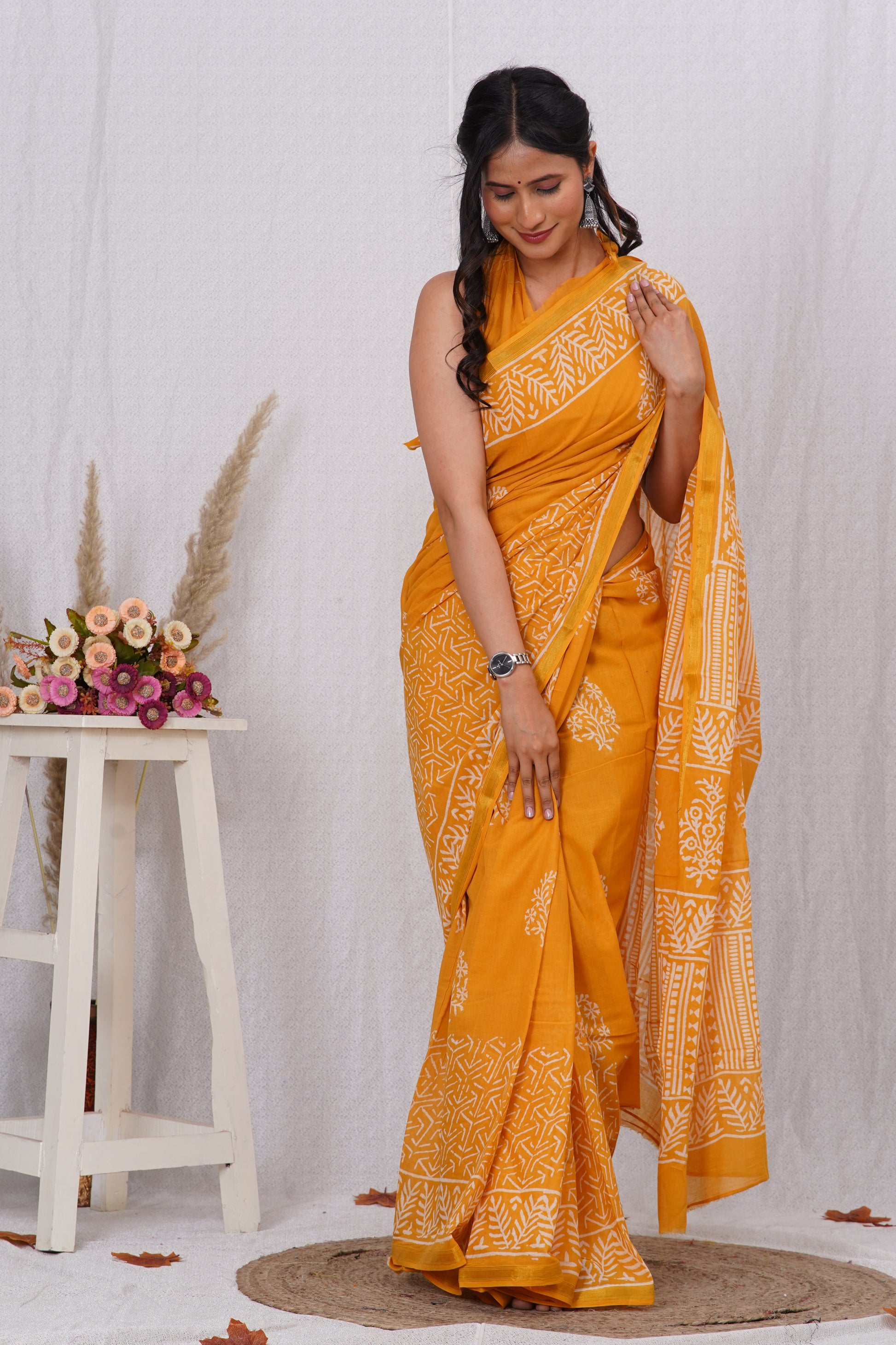 Yellow Pure Soft Cotton Mulmul Saree with Zari Border and Blouse Piece – Hand Block Printed with Organic Vegetable Dyes