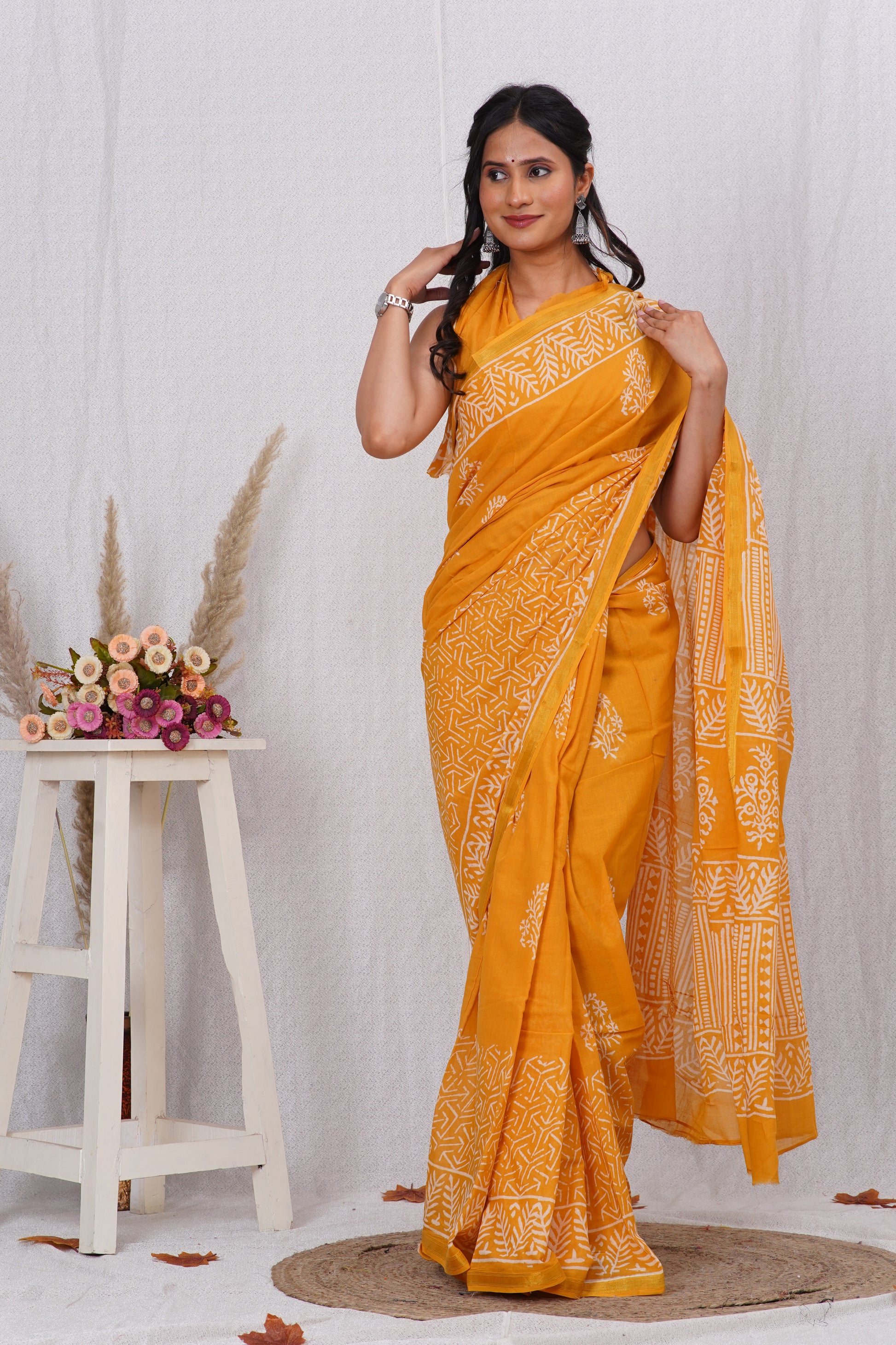 Yellow Pure Soft Cotton Mulmul Saree with Zari Border and Blouse Piece – Hand Block Printed with Organic Vegetable Dyes