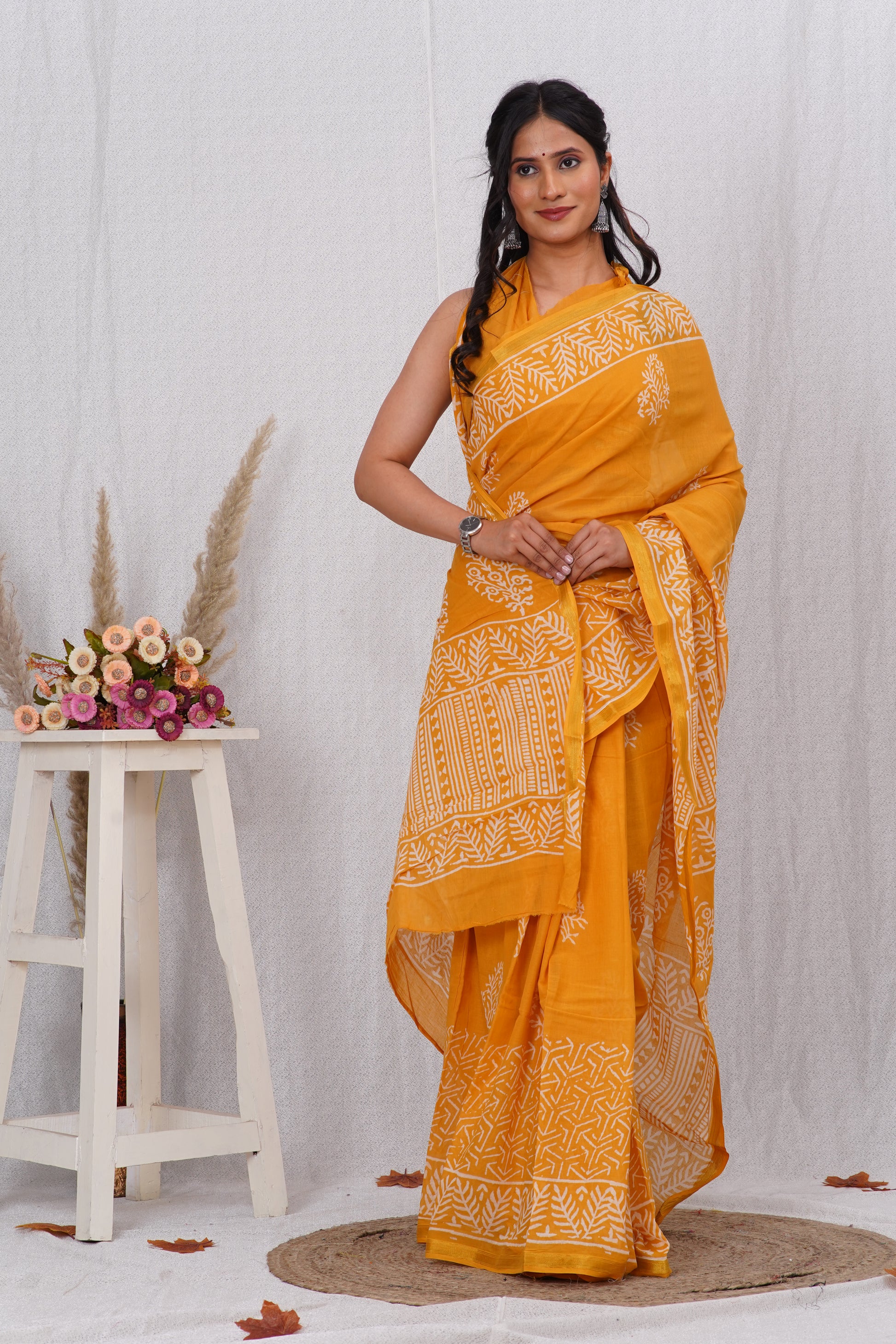Yellow Pure Soft Cotton Mulmul Saree with Zari Border and Blouse Piece – Hand Block Printed with Organic Vegetable Dyes