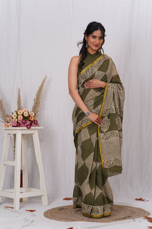Green Pure Soft Cotton Mulmul Saree with Zari Border and Blouse Piece – Hand Block Printed with Organic Vegetable Dyes