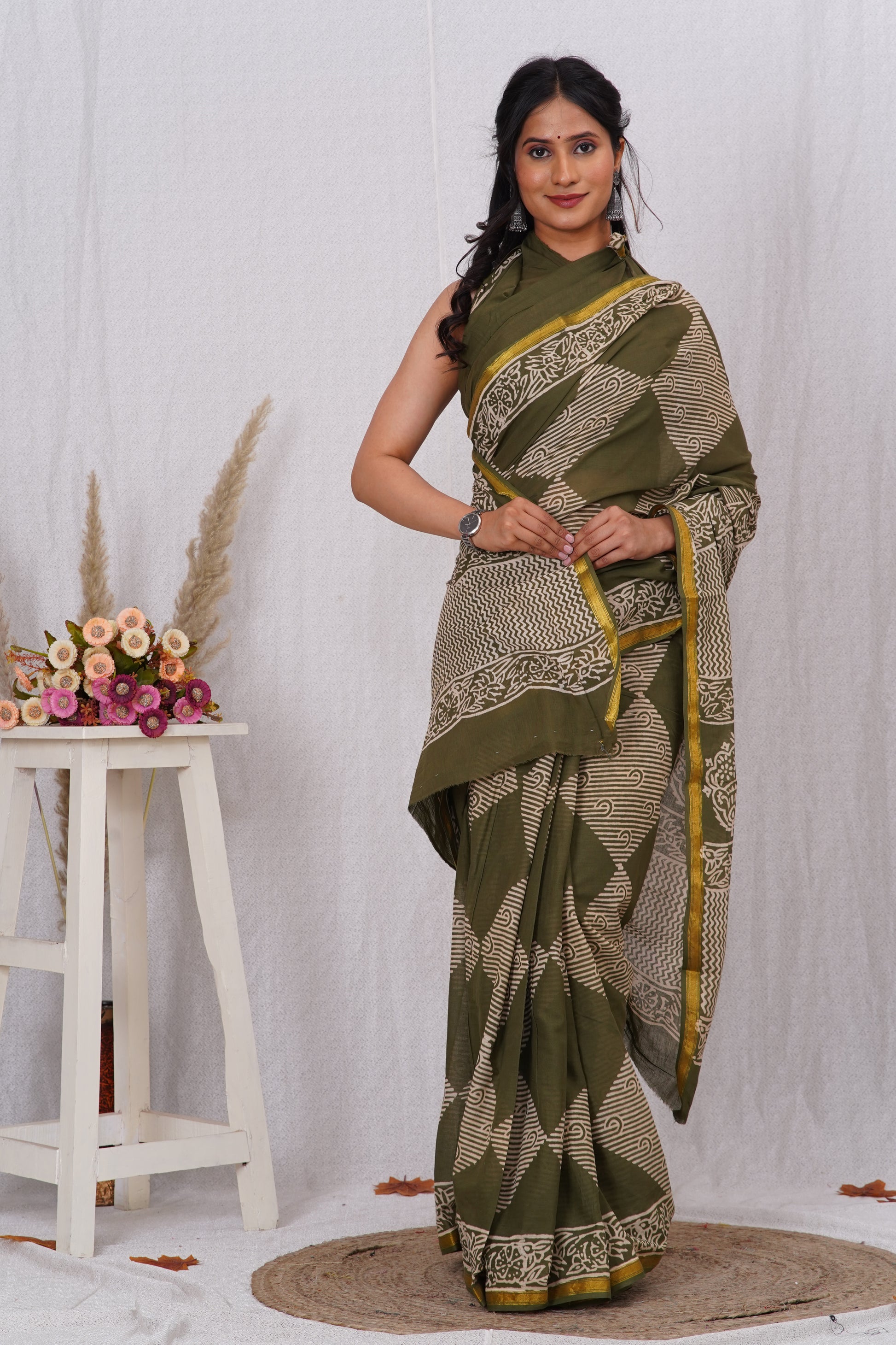 Green Pure Soft Cotton Mulmul Saree with Zari Border and Blouse Piece – Hand Block Printed with Organic Vegetable Dyes