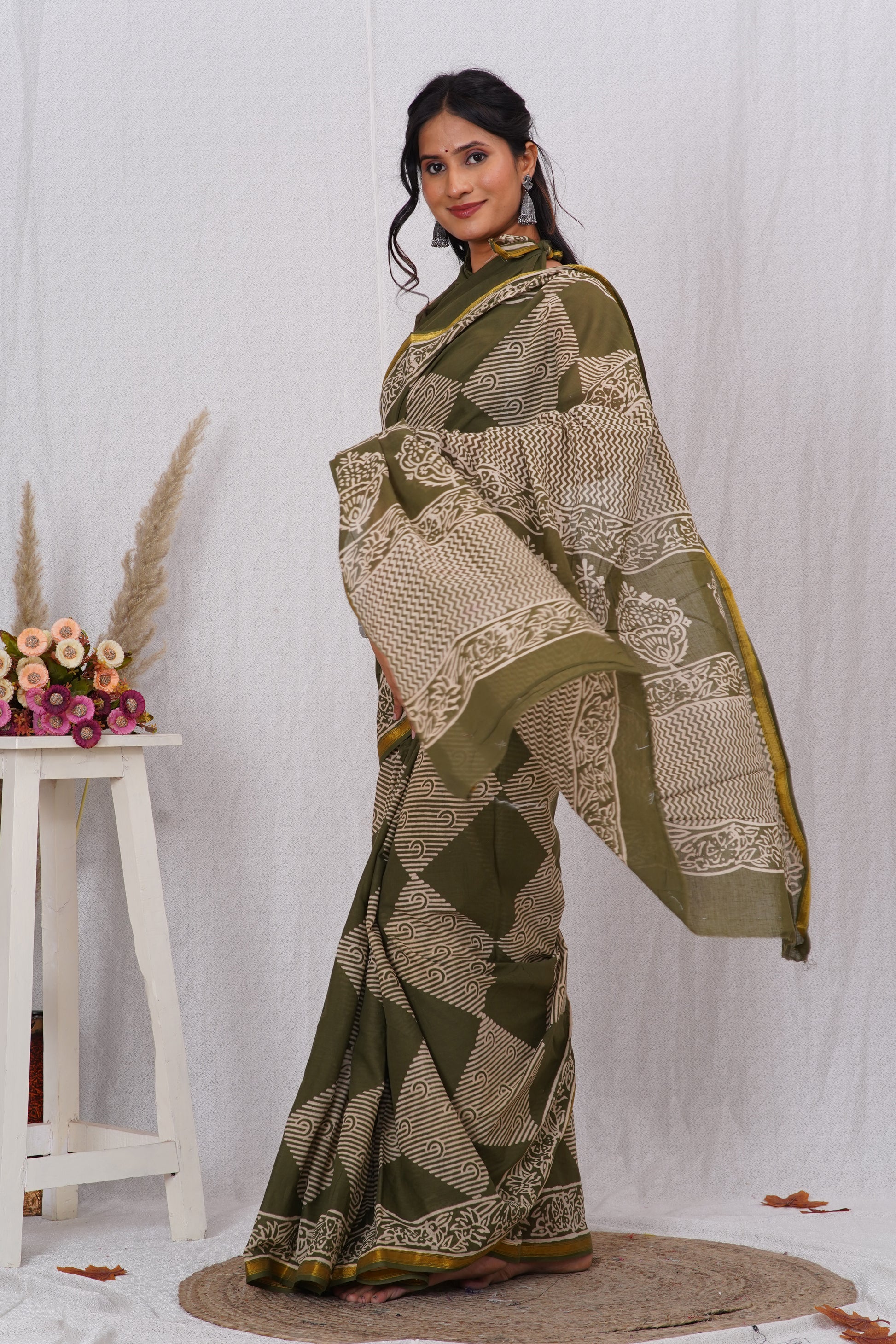 Green Pure Soft Cotton Mulmul Saree with Zari Border and Blouse Piece – Hand Block Printed with Organic Vegetable Dyes