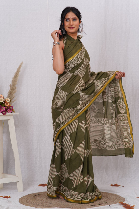 Green Pure Soft Cotton Mulmul Saree with Zari Border and Blouse Piece – Hand Block Printed with Organic Vegetable Dyes
