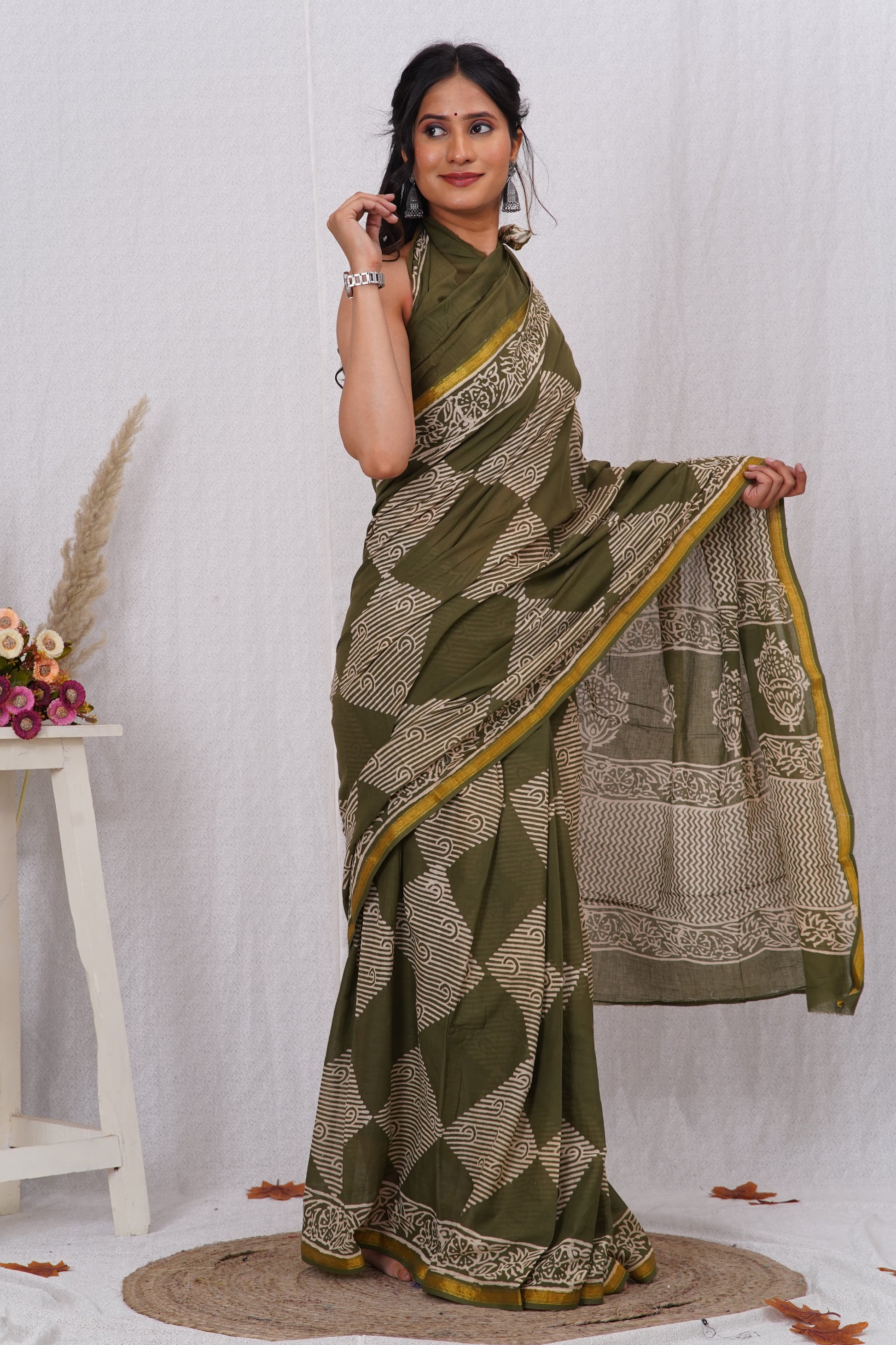 Green Pure Soft Cotton Mulmul Saree with Zari Border and Blouse Piece – Hand Block Printed with Organic Vegetable Dyes