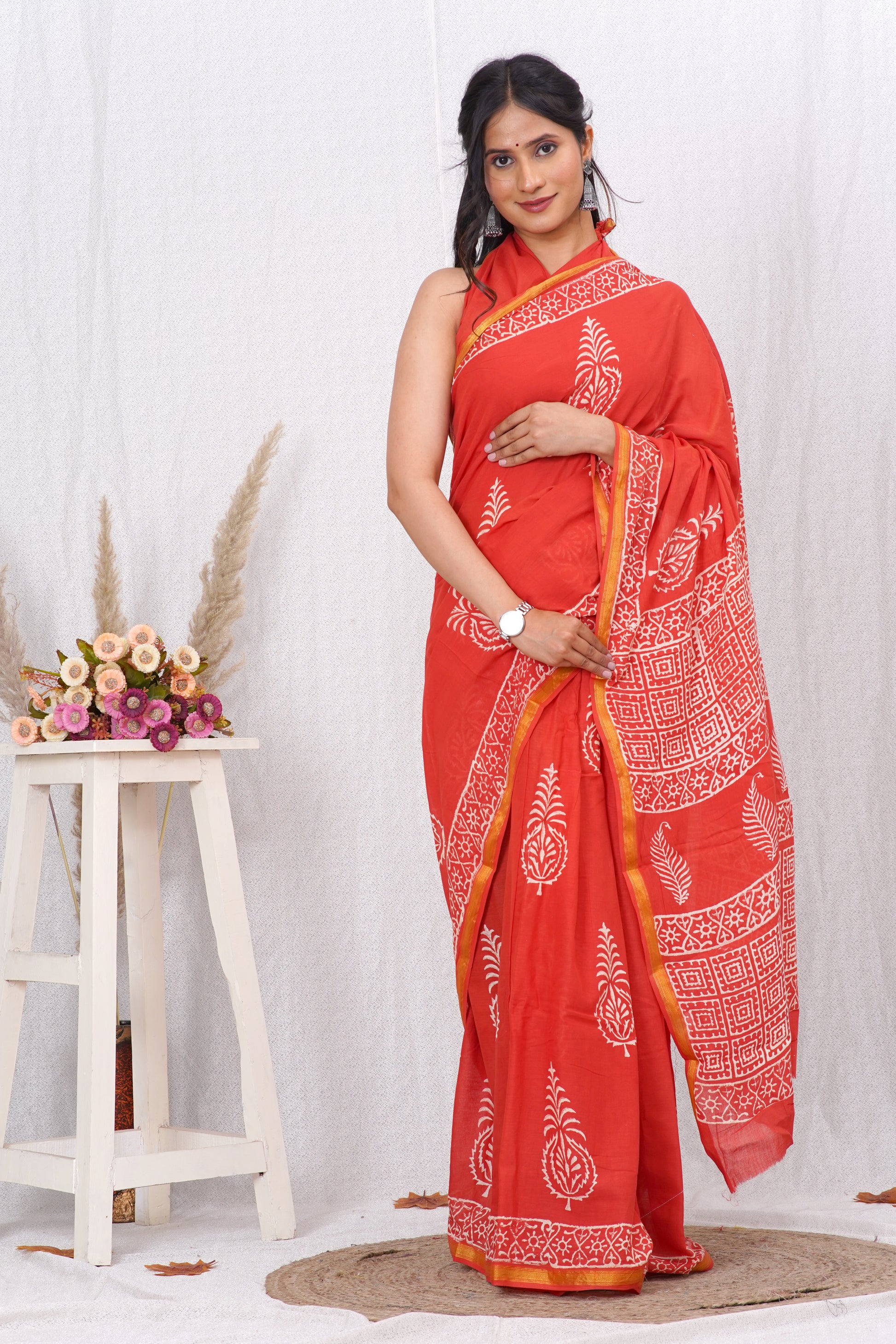Orange and White Pure Soft Cotton Mulmul Saree with Zari Border and Blouse Piece – Hand Block Printed with Organic Vegetable Dyes