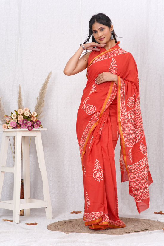 Orange and White Pure Soft Cotton Mulmul Saree with Zari Border and Blouse Piece – Hand Block Printed with Organic Vegetable Dyes