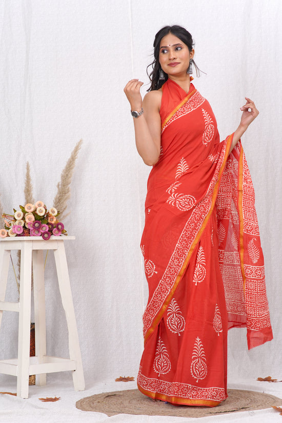 Orange and White Pure Soft Cotton Mulmul Saree with Zari Border and Blouse Piece – Hand Block Printed with Organic Vegetable Dyes