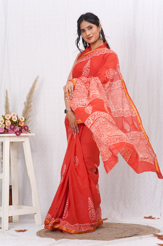 Orange and White Pure Soft Cotton Mulmul Saree with Zari Border and Blouse Piece – Hand Block Printed with Organic Vegetable Dyes