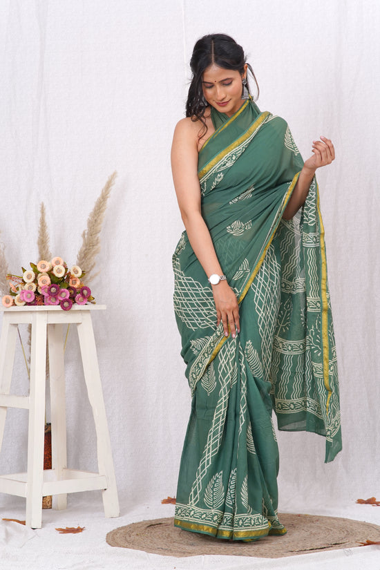 Little Green Pure Soft Cotton Mulmul Saree with Zari Border and Blouse Piece – Hand Block Printed with Organic Vegetable Dyes