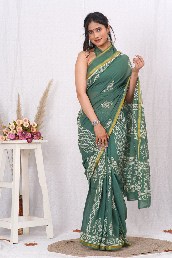 Little Green Pure Soft Cotton Mulmul Saree with Zari Border and Blouse Piece – Hand Block Printed with Organic Vegetable Dyes