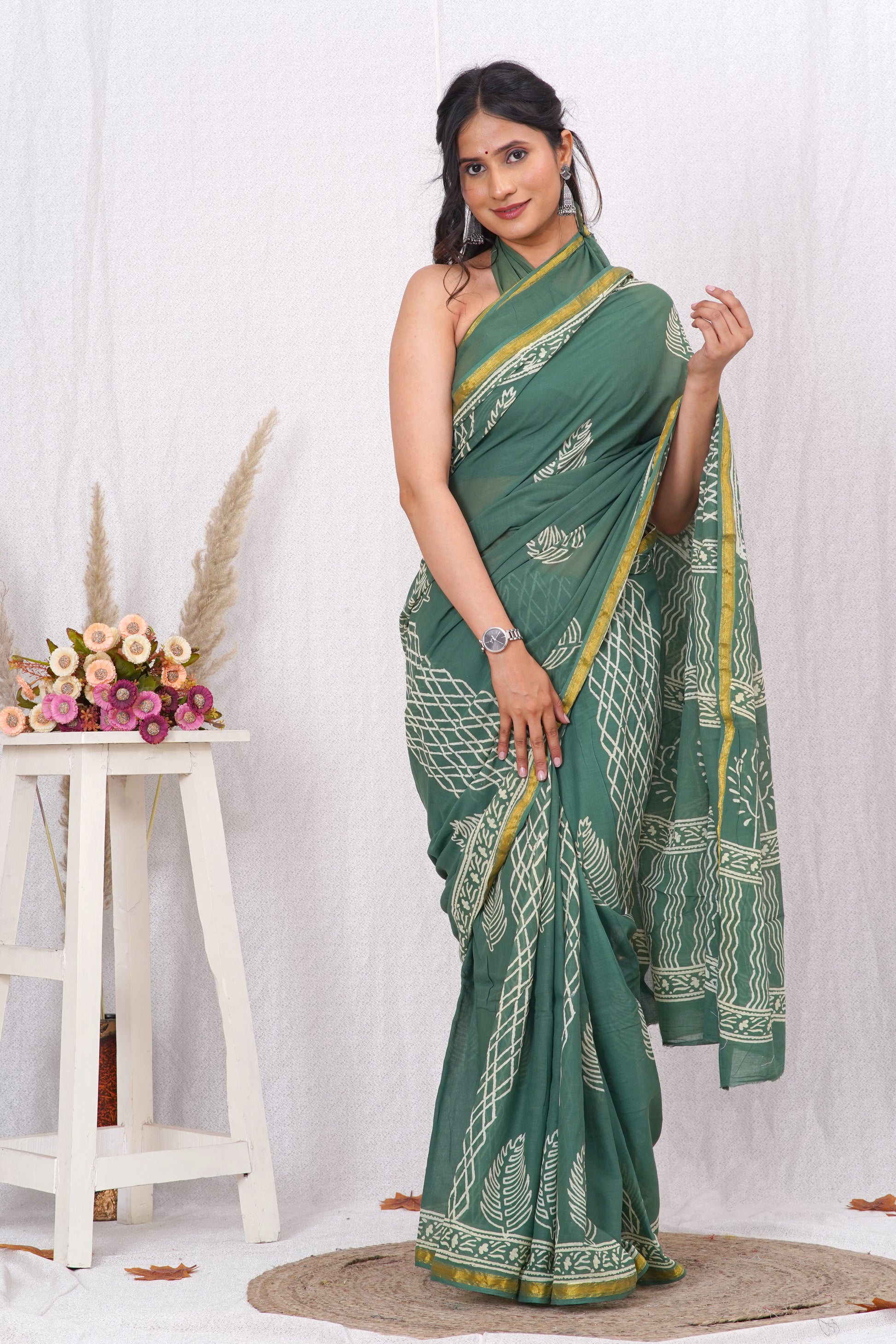 Little Green Pure Soft Cotton Mulmul Saree with Zari Border and Blouse Piece – Hand Block Printed with Organic Vegetable Dyes