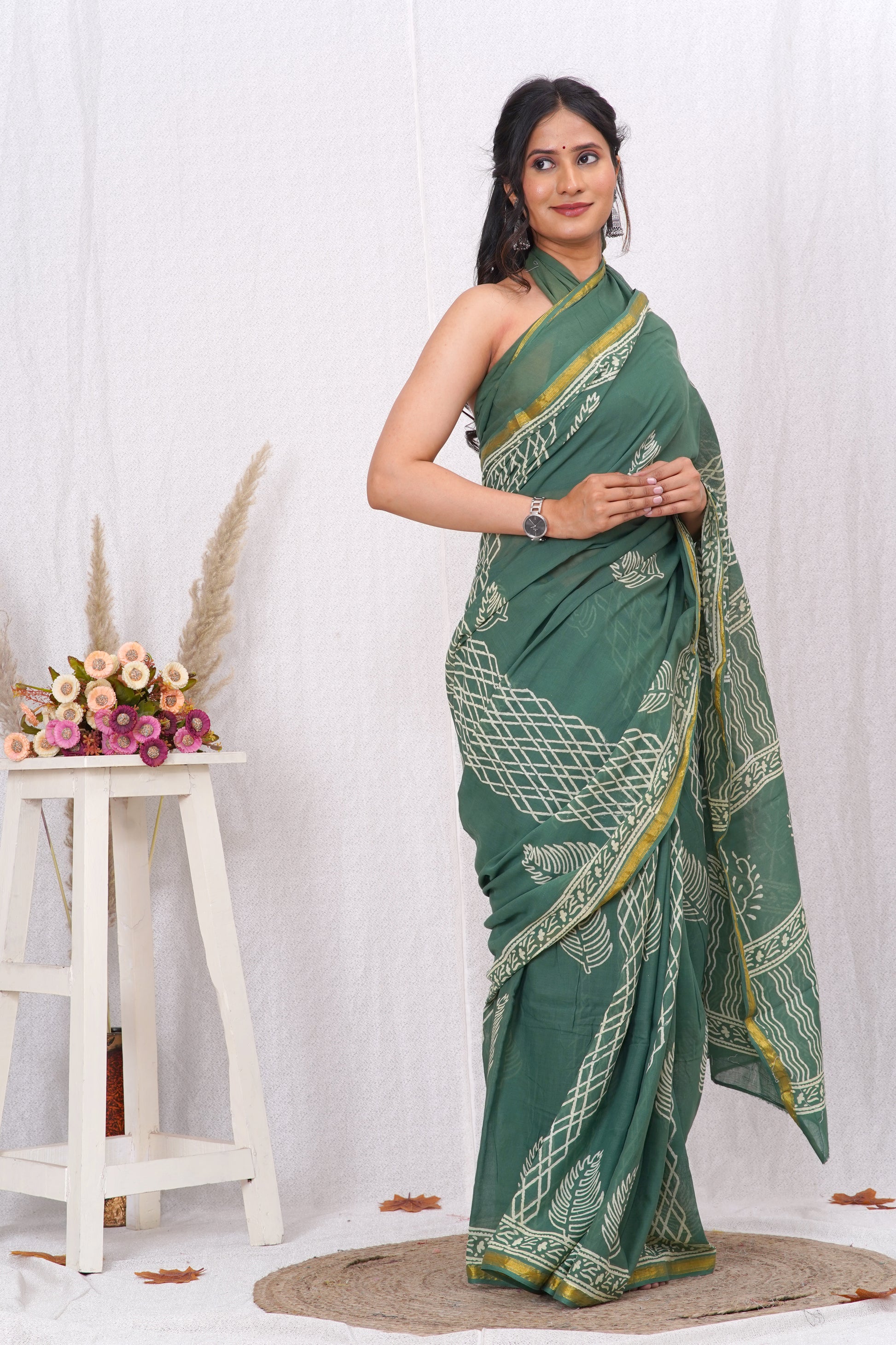 Little Green Pure Soft Cotton Mulmul Saree with Zari Border and Blouse Piece – Hand Block Printed with Organic Vegetable Dyes