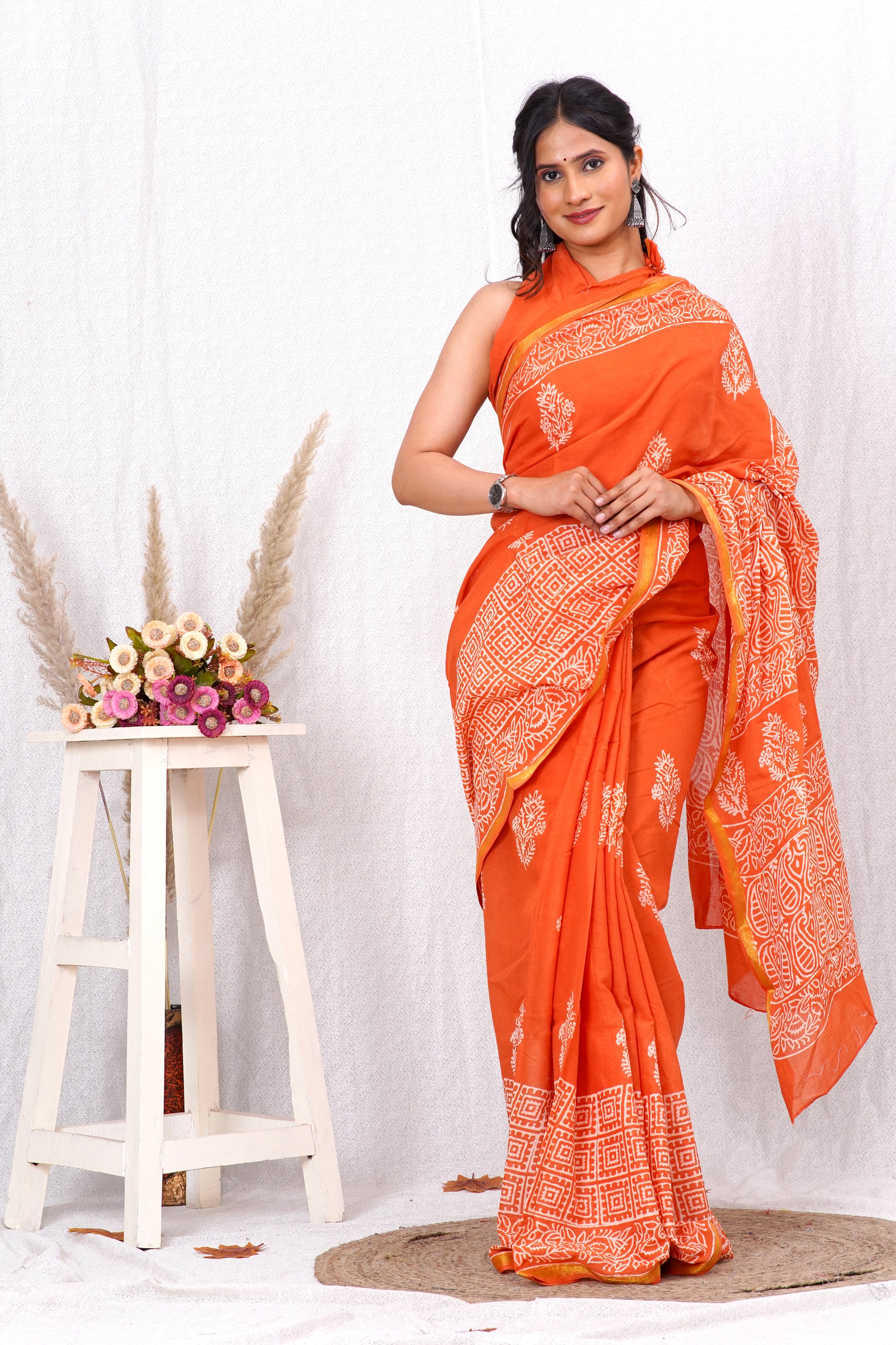 Orange Pure Soft Cotton Mulmul Saree with Zari Border and Blouse Piece – Hand Block Printed with Organic Vegetable Dyes
