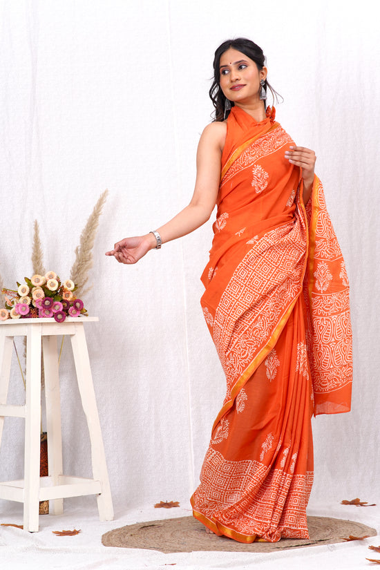 Orange Pure Soft Cotton Mulmul Saree with Zari Border and Blouse Piece – Hand Block Printed with Organic Vegetable Dyes