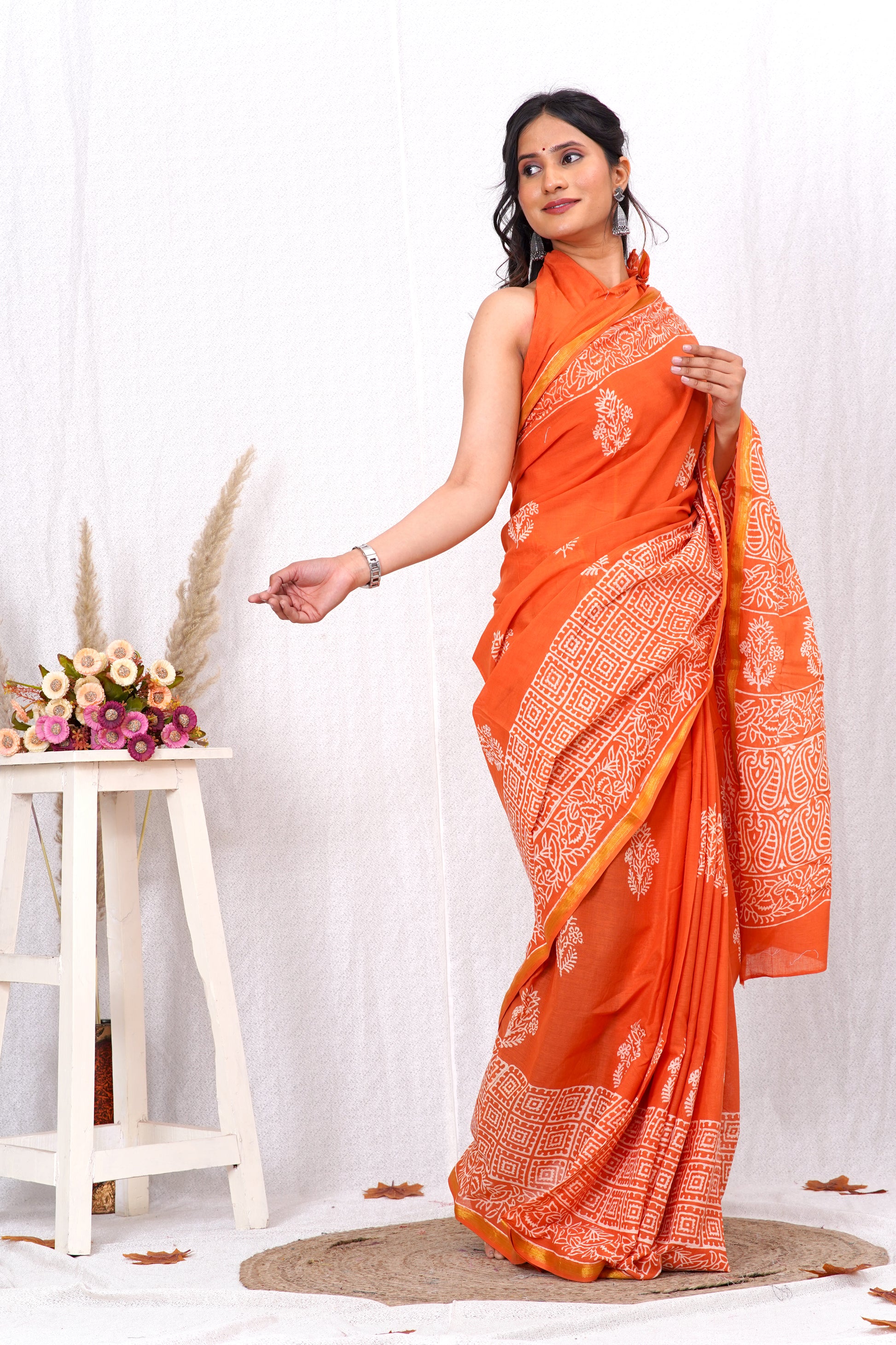 Orange Pure Soft Cotton Mulmul Saree with Zari Border and Blouse Piece – Hand Block Printed with Organic Vegetable Dyes