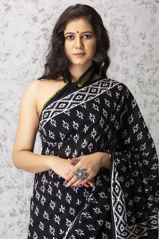 Black & White Star Pure Soft Cotton Mulmul Saree With Blouse Piece
