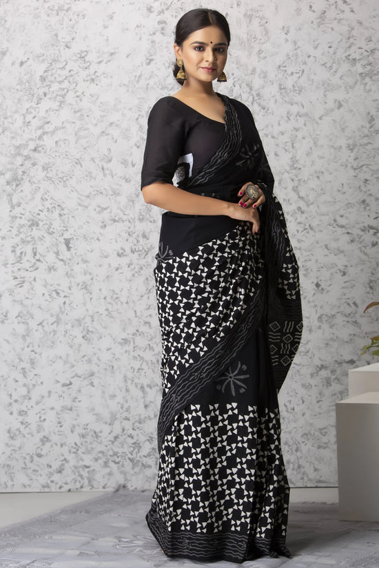 Black & White Chakri Pure Soft Cotton Mulmul Saree With Blouse Piece