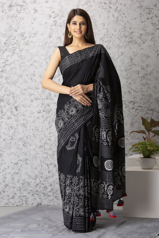 Black & White Budha Pure Soft Cotton Saree With Blouse Piece