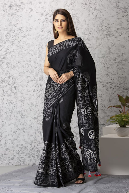Black & White Budha Pure Soft Cotton Saree With Blouse Piece