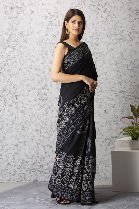 Black & White Budha Pure Soft Cotton Saree With Blouse Piece
