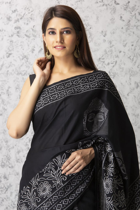 Black & White Budha Pure Soft Cotton Saree With Blouse Piece