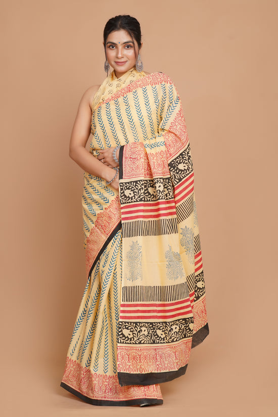 Bagru Print Mulmul Cotton Saree – Leaf Buti Print