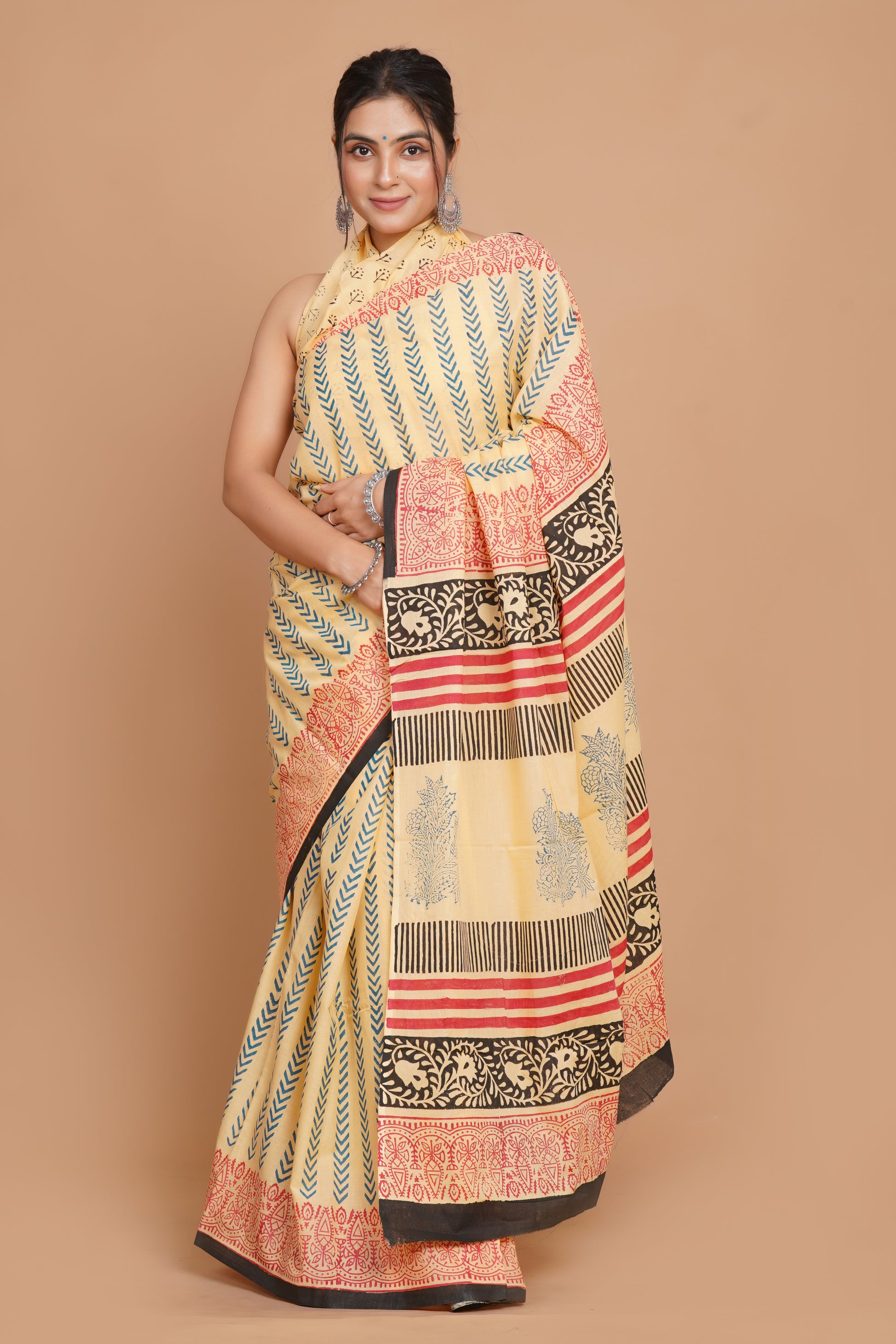 Bagru Print Mulmul Cotton Saree – Leaf Buti Print