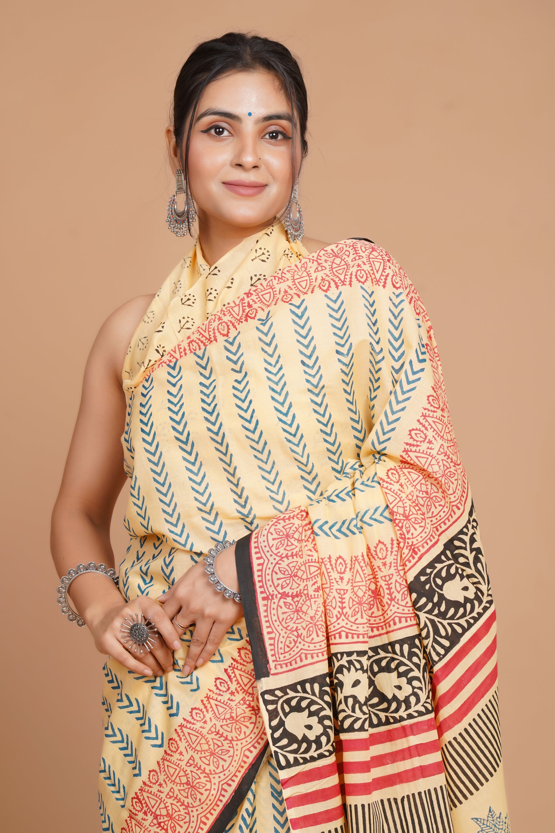 Bagru Print Mulmul Cotton Saree – Leaf Buti Print