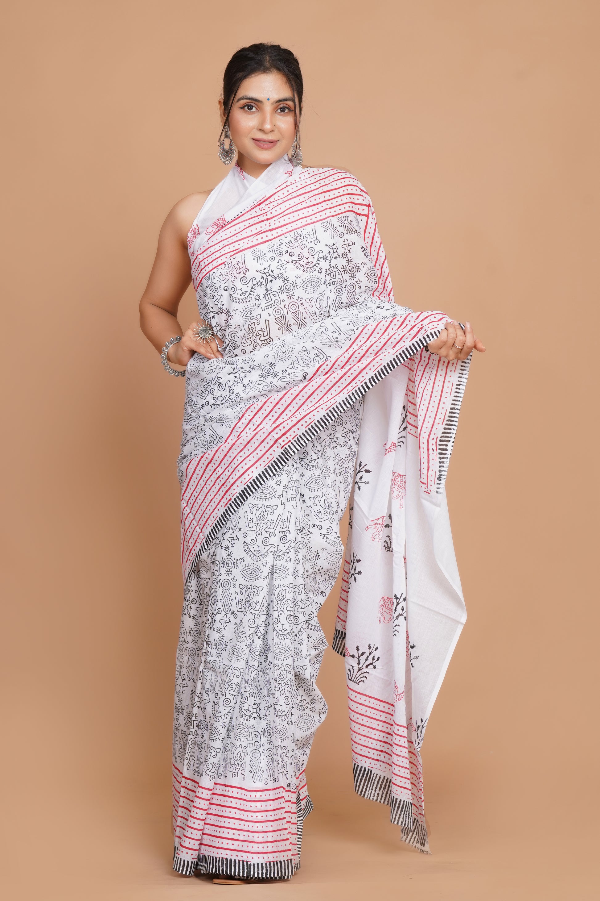 Bagru Print Mulmul Cotton Saree – Leaf Buti Print