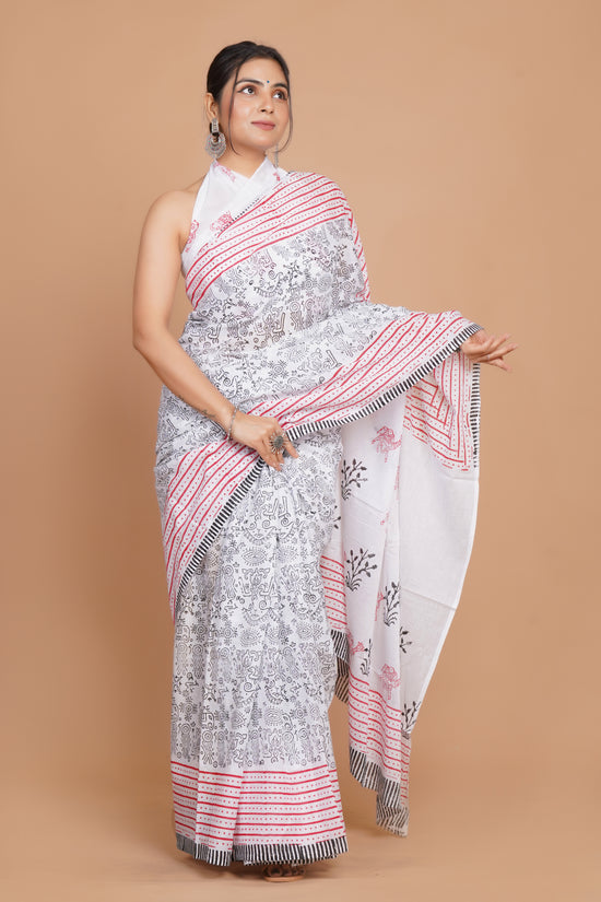 Bagru Print Mulmul Cotton Saree – Leaf Buti Print