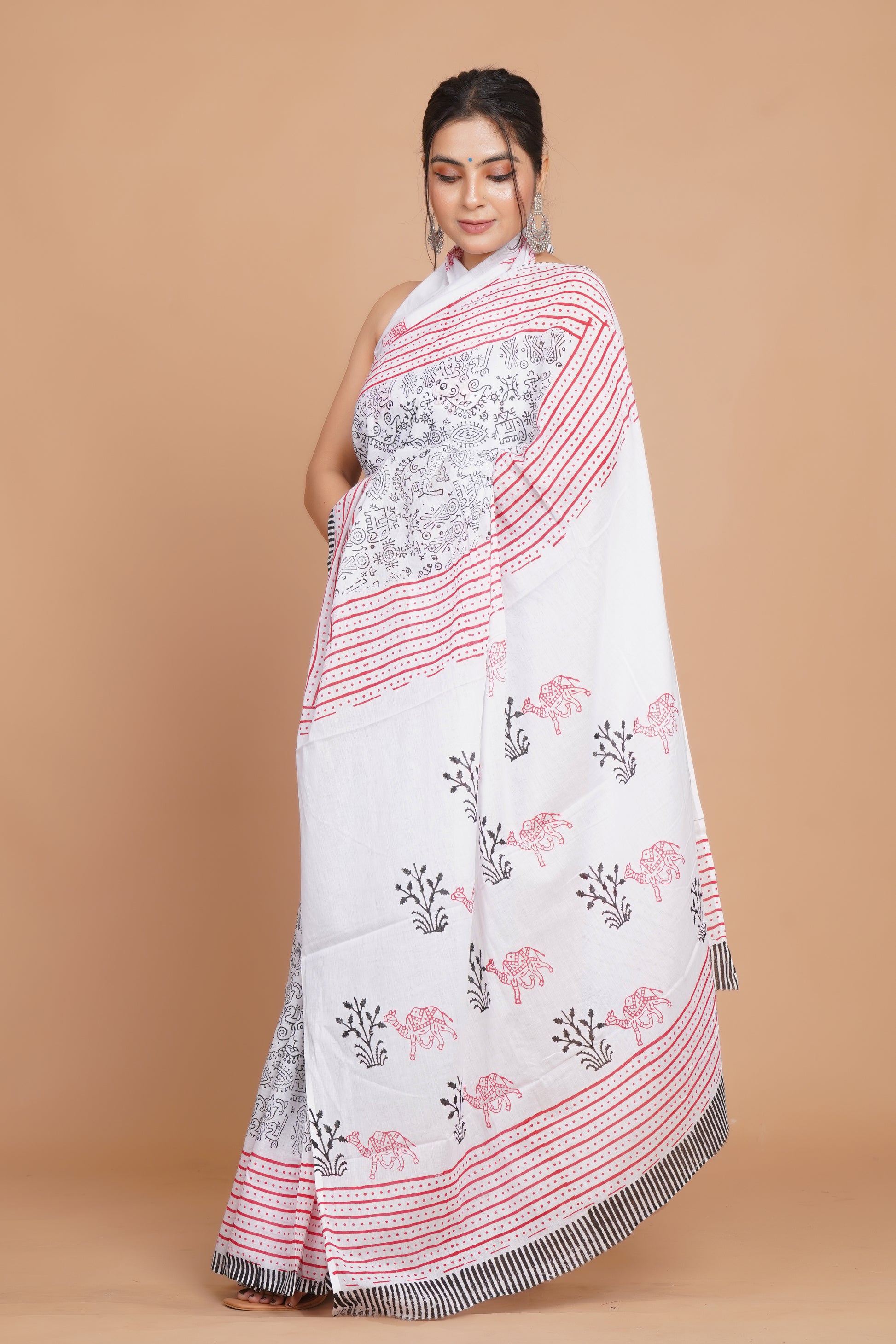 Bagru Print Mulmul Cotton Saree – Leaf Buti Print