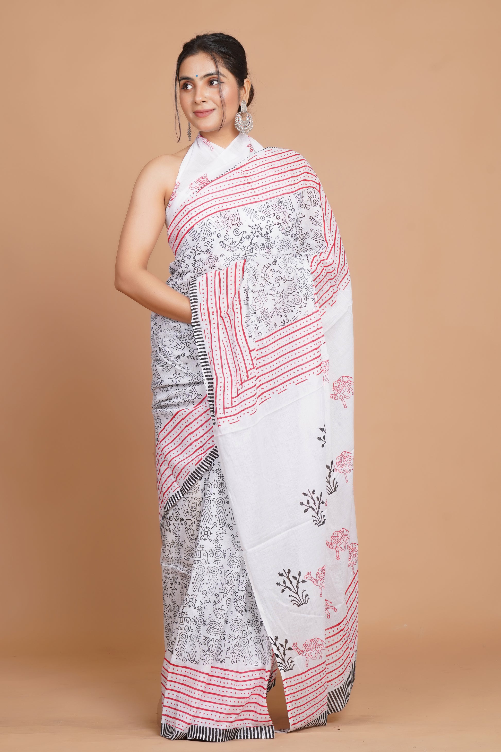 Bagru Print Mulmul Cotton Saree – Leaf Buti Print
