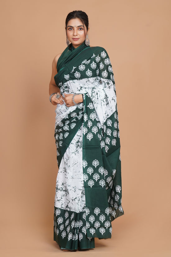 Bagru Print Mulmul Cotton Saree – Leaf Buti Print