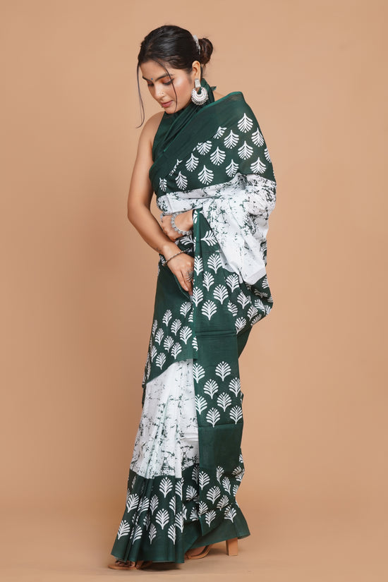 Bagru Print Mulmul Cotton Saree – Leaf Buti Print