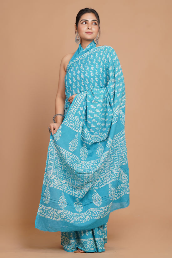 Bagru Print Mulmul Cotton Saree – Floral Buti Print